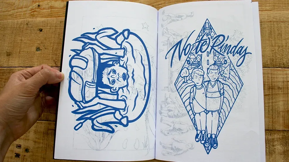 Fanzine con ilustraciones azules de una mochila y dos figuras bajo el lema Norte Rinday