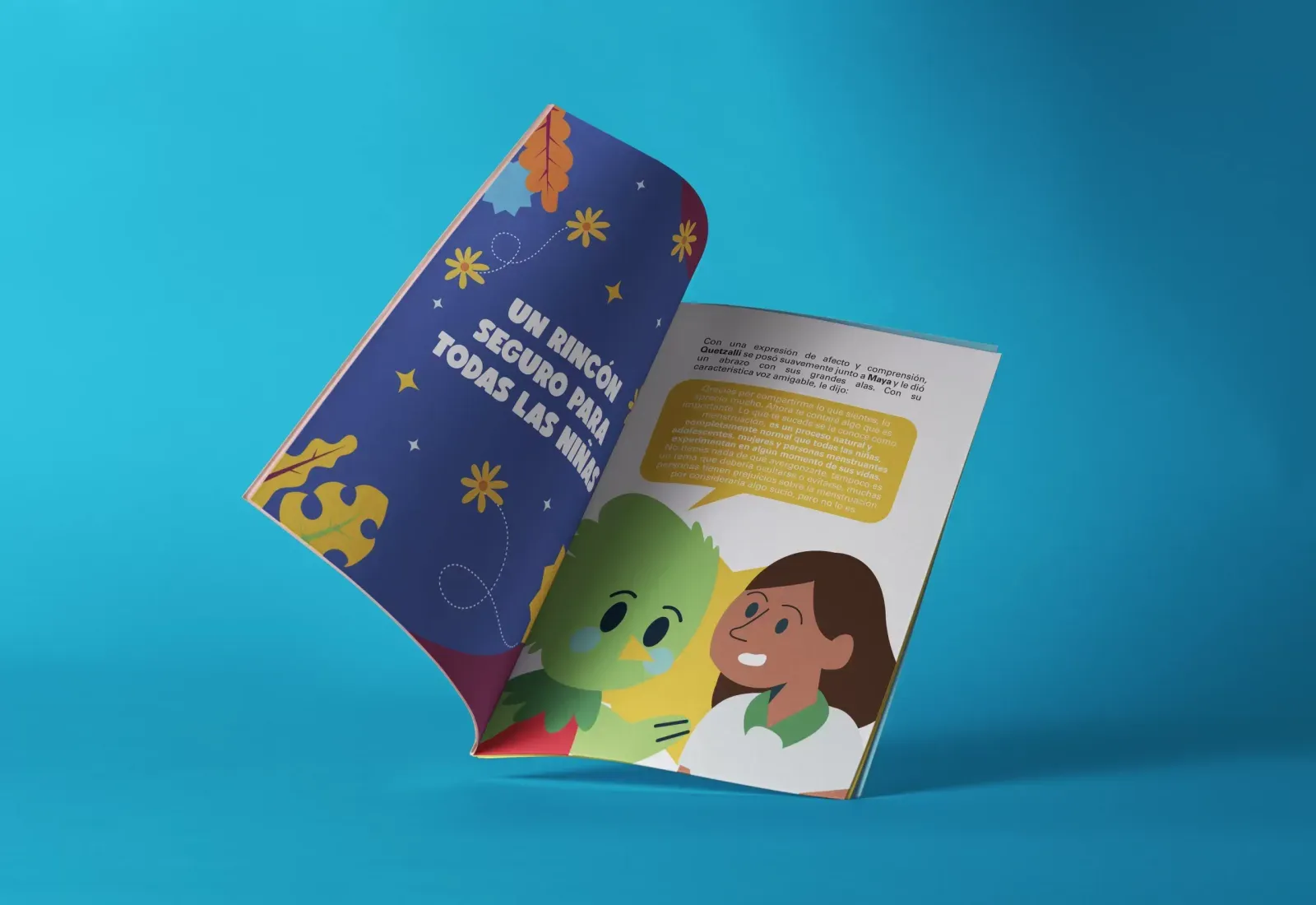 Cuento de reflexión abierto sobre fondo azul con ilustraciones de una niña