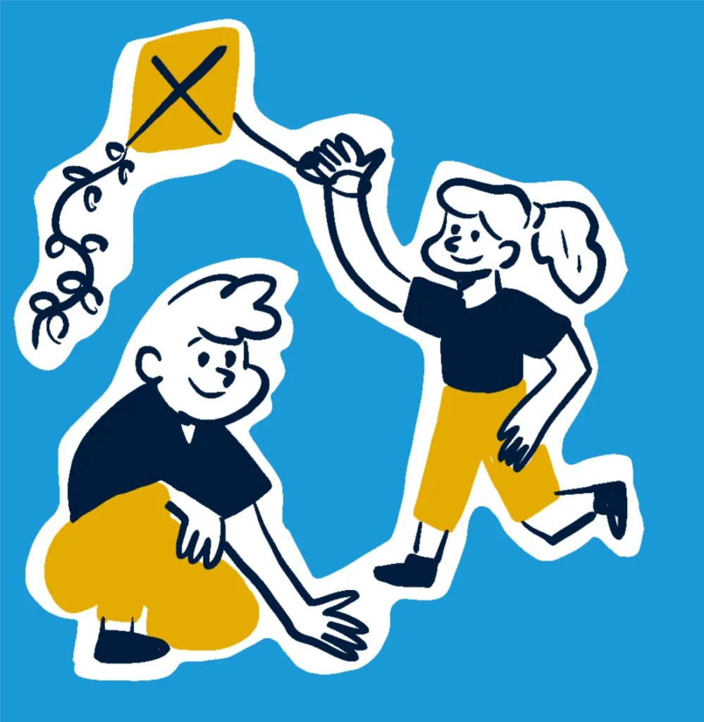 Ilustración de una niña y un niño jugando con un papalote