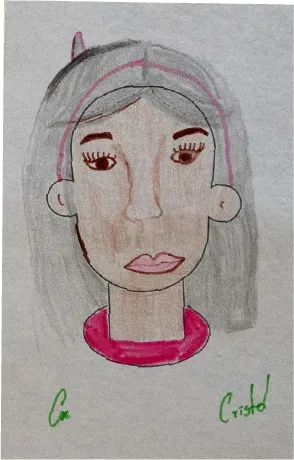 Retrato dibujado a lápiz de color de una mujer de cabello gris