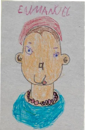 Retrato dibujado de una persona con gorro rosa y collar