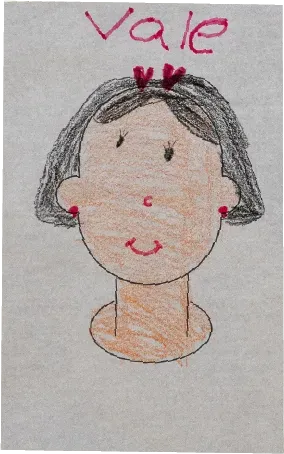 Retrato dibujado de una niña de cabello negro con moños rojos